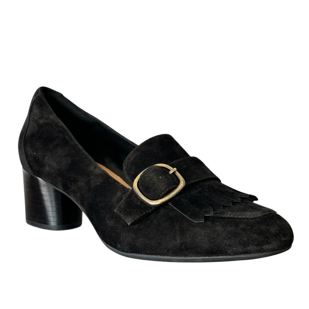 Clarks Black Suede Block Heel Loafers with Buckle - Picture 2 of 9